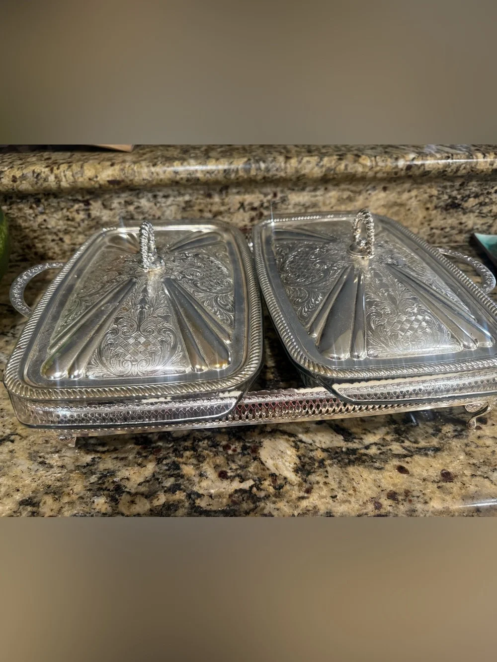 Vintage Silver-Tone Decorative Covered Serving Dish Set Pyrex